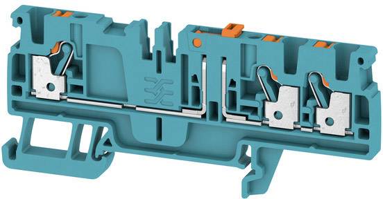 Klemmleiste in Türkis mit metallischen Kontakten und orangenen Elementen. Verwendet zur elektrischen Verbindung von Drähten.