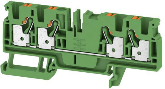 Grüne Reihenklemme mit vier Metallkontakten und orangenen Elementen, die für elektrische Verbindungen verwendet wird.