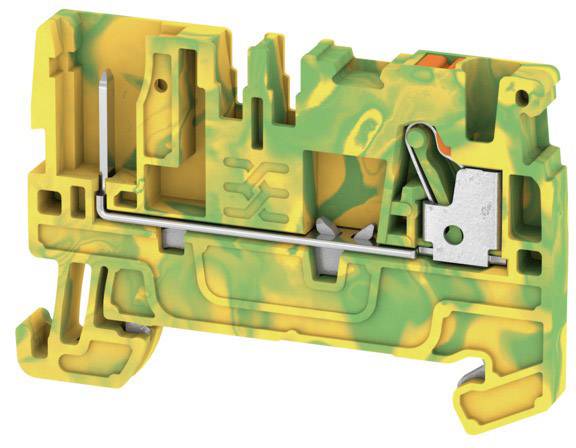 Ein Klemmenblock in Gelb und Grün mit sichtbaren Metallverbindungen. Verwendung für elektrische Verdrahtungen.