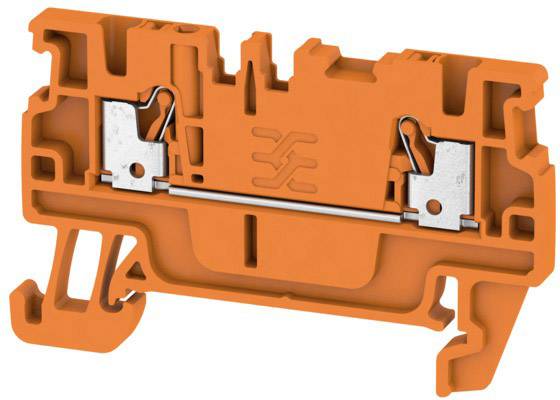 Orangefarbener Reihenklemmenkörper mit metallischen Anschlüssen, verwendet zur elektrischen Verbindung in Schalttafeln.