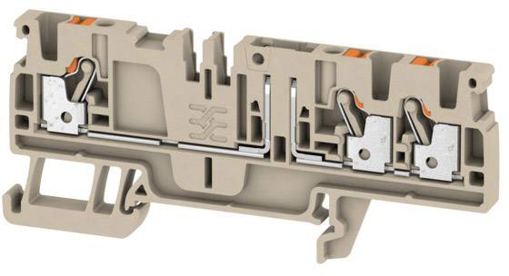 Eine beige Klemmenleiste mit zwei Anschlüssen, Silberelementen und zwei orangefarbenen Hebeln für elektrische Verbindungen.