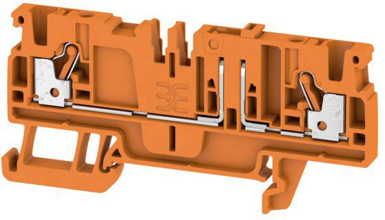 Oranger Kunststoffhalter mit Metallklemmen, verwendet für elektrische Verbindungen in Schaltschränken.