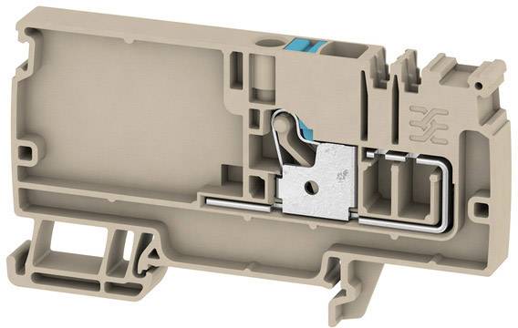 Ein Querschnitt einer beige Kunststoffklemme mit Metallteilen, dargestellt zur Veranschaulichung des inneren Aufbaus und des Mechanismus.