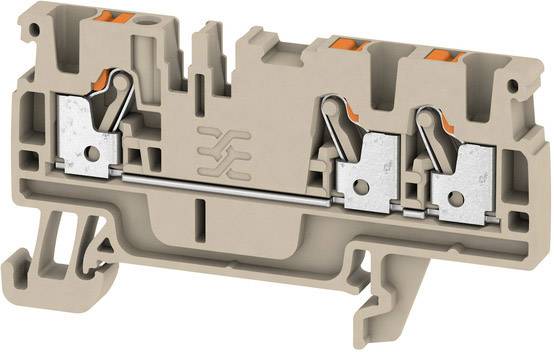 Beige Klemmblock mit zwei Hebelmechanismen und Metallverbindungen, zur Befestigung von elektrischen Leitungen auf einer Schiene.
