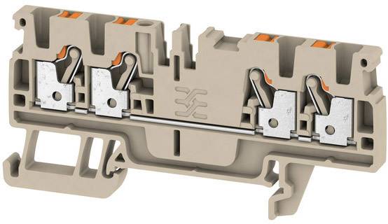 Elektrische Klemmenleiste mit zwei Anschlusspunkten, beige Gehäuse, silberne Metallkontakte und orangefarbene Hebel zur Drahtverbindung.