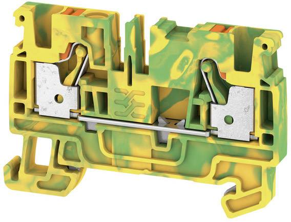 Gelb-grüne Klemmschelle aus Kunststoff mit Metallkontakten, verwendet in elektrischen Schaltkästen zur sicheren Kabelverbindung.