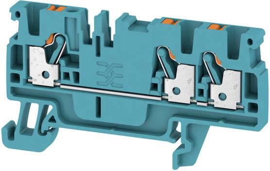 Blauer elektrischer Steckverbinder mit zwei Metallkontakten. Dient zum Verbinden von Kabeln in elektrischen Installationen.