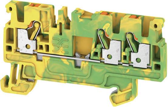Ein zweireihiger gelb-grüner elektrischer Klemmenblock mit Metallkontakten zur Verdrahtung in Industrieanwendungen.