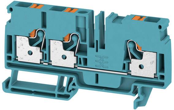 Ein türkisfarbener elektrischer Steckverbinder mit zwei Metallklemmen und orangenen Hebeln zur Befestigung von Kabeln.