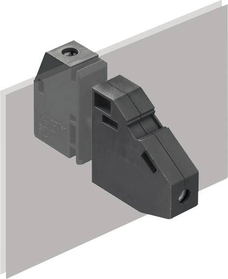 Ein schwarzes, rechteckiges Kunststoffteil montiert auf einer grauen Platte, möglicherweise ein technisches Komponentenstück.