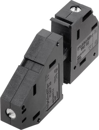 Zwei schwarze elektrische Sicherungsblöcke in Trapezform, nebeneinander stehend, jeweils mit einer sichtbaren Befestigungsschraube oben.