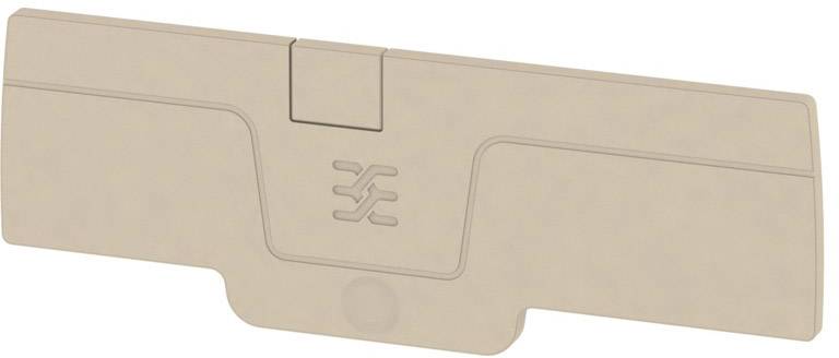 Eine beige Kunststoffabdeckung mit geprägtem Logo in der Mitte.