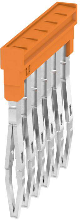 Orangefarbener elektrischer Verbinder mit silbernen Steckkontakten, vertikal angeordnet, geeignet für 1,5 mm Kabelgrößen.