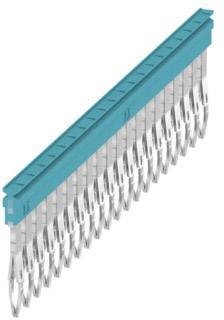 Ein elektronischer Steckverbinder mit einem blauen Gehäuse, das mehrere silberne Kontakte hält. Es wird in elektronischen Geräten verwendet.