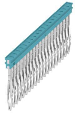 Steckverbinder mit mehreren Metallpins und blauem Kunststoffgehäuse, Ansicht von der Seite.
