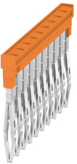 Ein Steckverbinder mit einem orangefarbenen Gehäuse und mehreren silbernen Kontaktstiften, vermutlich für elektronische Anwendungen.
