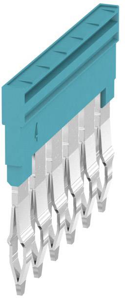 Blauer Steckverbinder mit mehreren silbernen Metallstiften, die in einer Reihe angeordnet sind. Der Steckverbinder hat eine rechteckige Form.