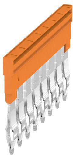 Mehrpoliger Steckverbinder mit orangefarbenem Gehäuse und metallischen Kontaktstiften, verwendet für elektrische Verbindungen.