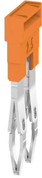 Zwei weibliche Crimphülsen mit einem orangefarbenen, quaderförmigen Kunststoffgehäuse zur elektrischen Verbindung.