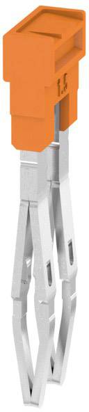 Elektrischer Steckverbinder mit orangefarbenem Gehäuse und silbernen Kontakten.