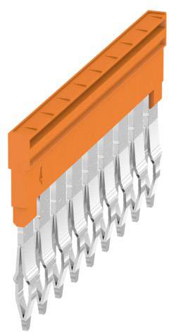 Industrie-Steckverbinder mit orangefarbenem Gehäuse und silbernen Anschlusskontakten, vertikal ausgerichtet.