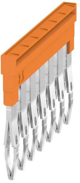 Ein orangener elektrischer Steckverbinder mit mehreren silbernen Pins, die einen 2,5 mm Abstand haben. Geeignet für elektronische Geräte.