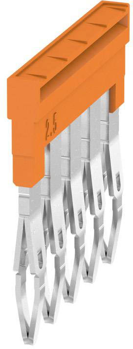 Orangefarbiger Kunststoffstecker mit sechs Metallkontakten. Aufschrift '2.5' seitlich zu sehen.