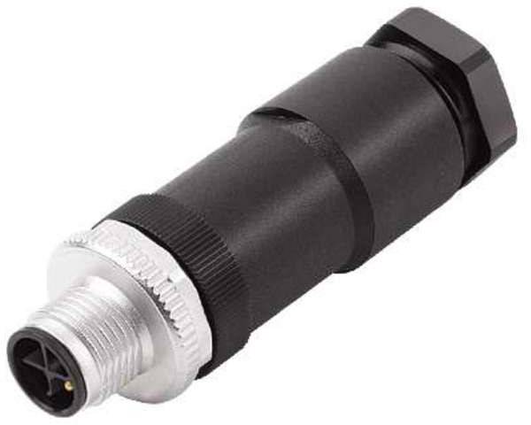 Schwarzer, zylindrischer Steckverbinder mit Metallgewinde, geeignet für industrielle Anwendungen.