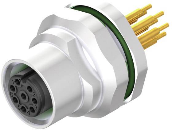 Ein mehrpoliger elektrischer Stecker mit silbernem Gehäuse und goldenen Stiften, typisch für industrielle Anwendungen.