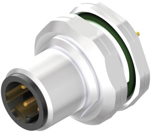 Ein metallischer, zylindrischer Steckverbinder mit mehreren Pins und einem grünen Dichtungselement an der Basis.