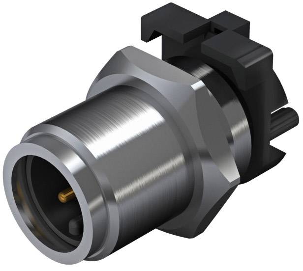 Metallisches BNC-Stecker-Bauteil mit schwarzer Kunststoffisolierung, geeignet für koaxiale Kabelverbindungen in audiovisuellen Anwendungen.