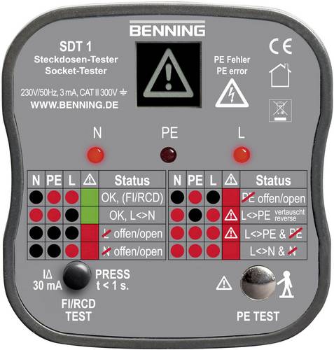 Benning SDT 1 Steckdosentester CAT III 300 V LED, LCD