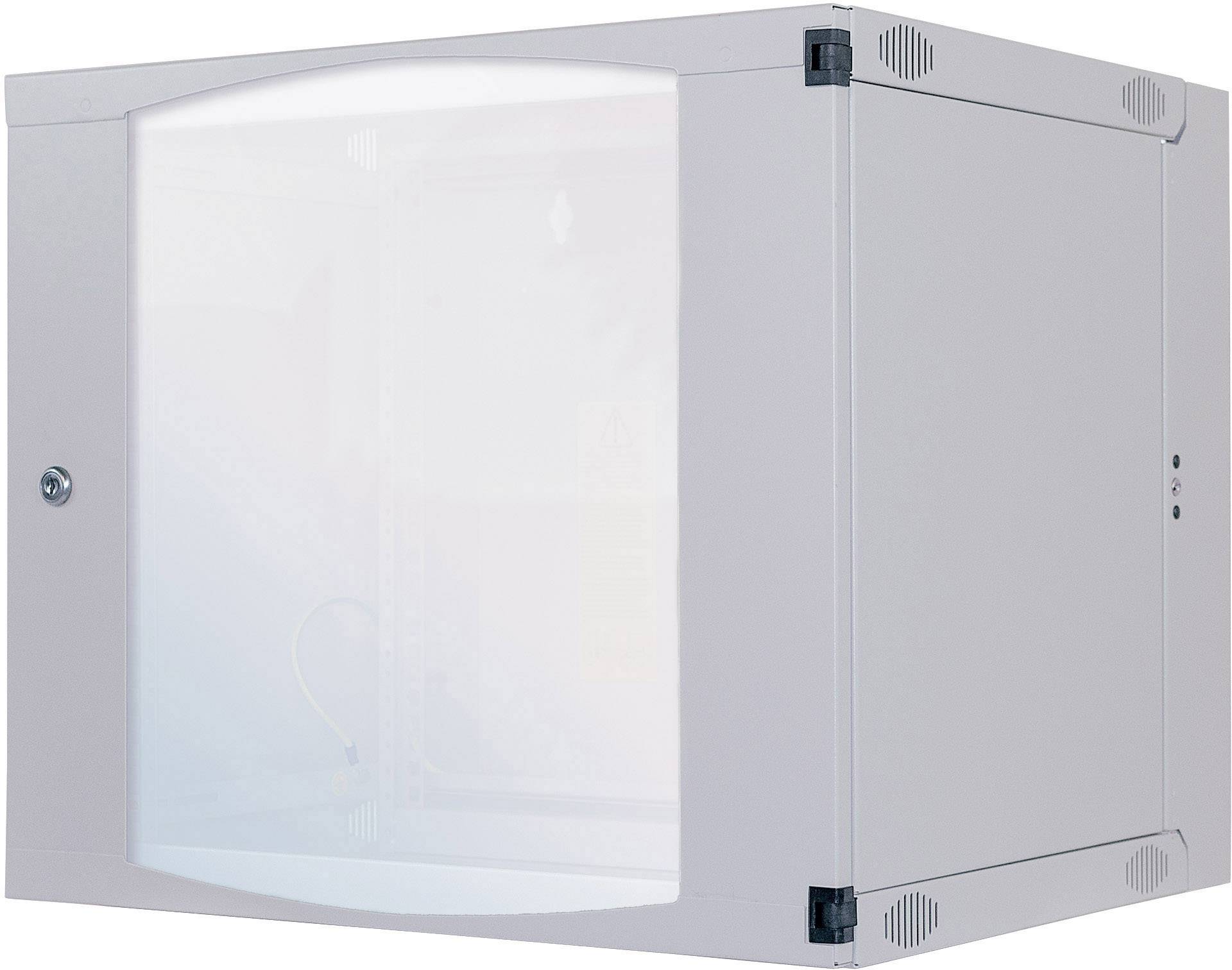 Grauer Wandschrank mit Glastür, geeignet zur sicheren Aufbewahrung von elektronischen Geräten. Ideal für Büroumgebungen.
