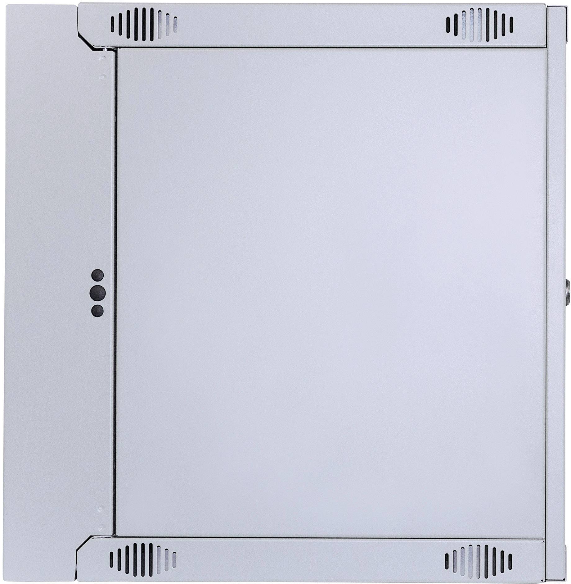 Metallschrank mit Lüftungsschlitzen und Magnetverschluss. Schlichtes Design, geeignet für Aufbewahrung elektronischer Geräte.
