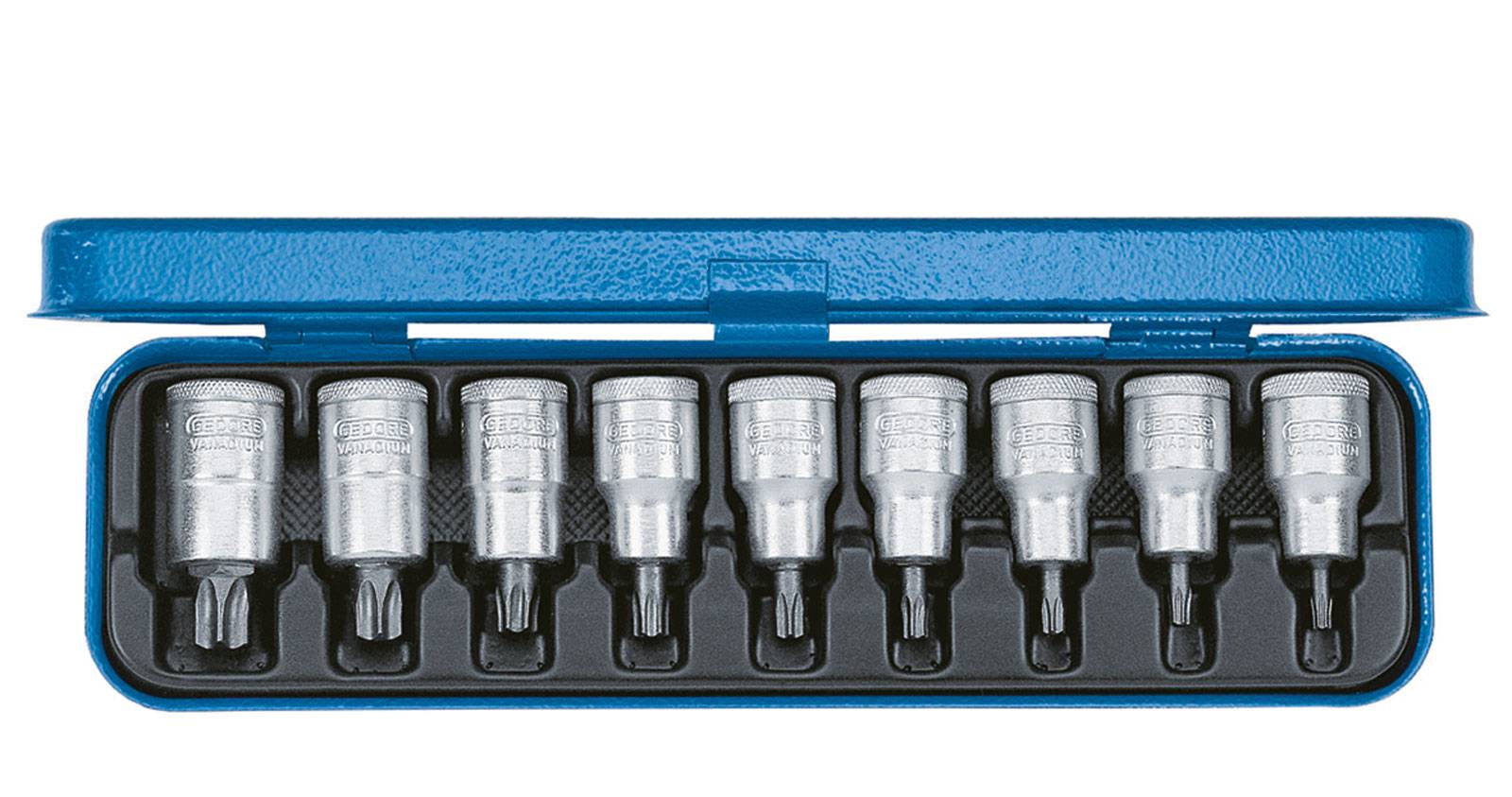 Ein Set von zehn silbernen Torx-Bit-Einsätzen in einem blauen offenen Etui, angeordnet in einer Reihe.