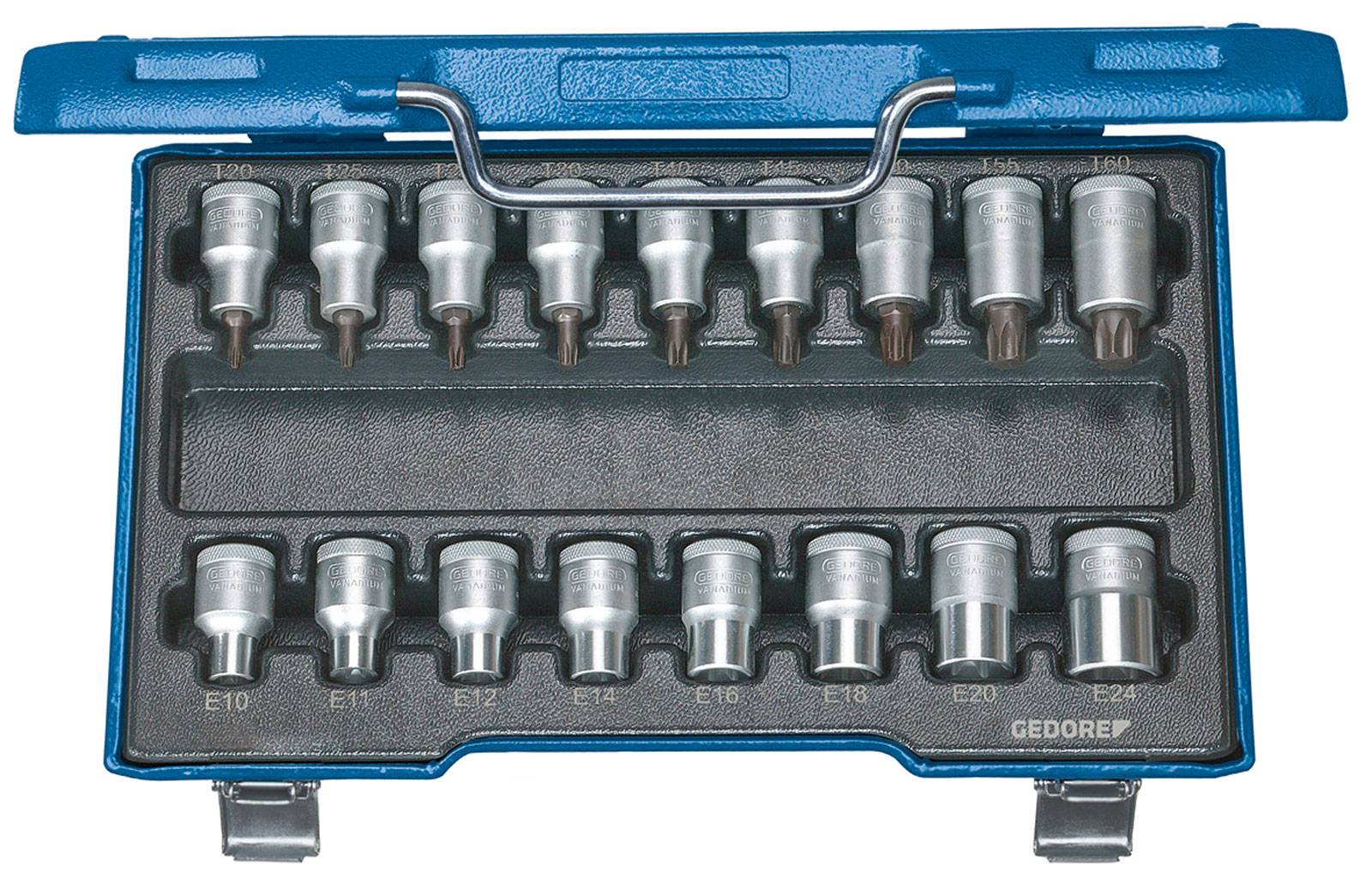 Ein offener blauer Werkzeugkoffer mit 16 verschiedenen Torx-Einsätzen in zwei Reihen, nummeriert von E10 bis E24.