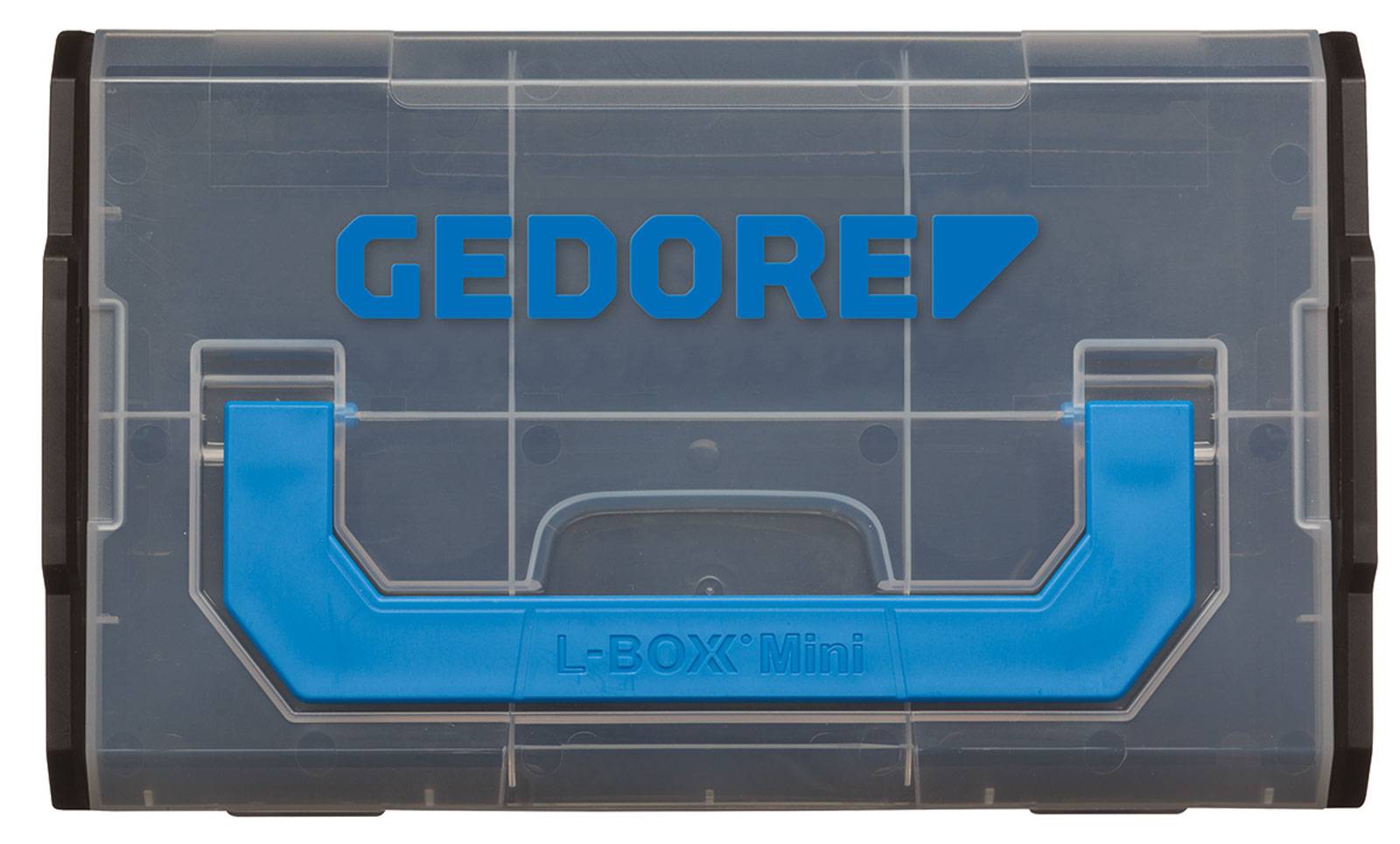 Transparenter Kunststoffkoffer mit blauem Griff, Aufschrift 'GEDORE' und 'L-BOXX Mini', geeignet zur Aufbewahrung von Werkzeugen.