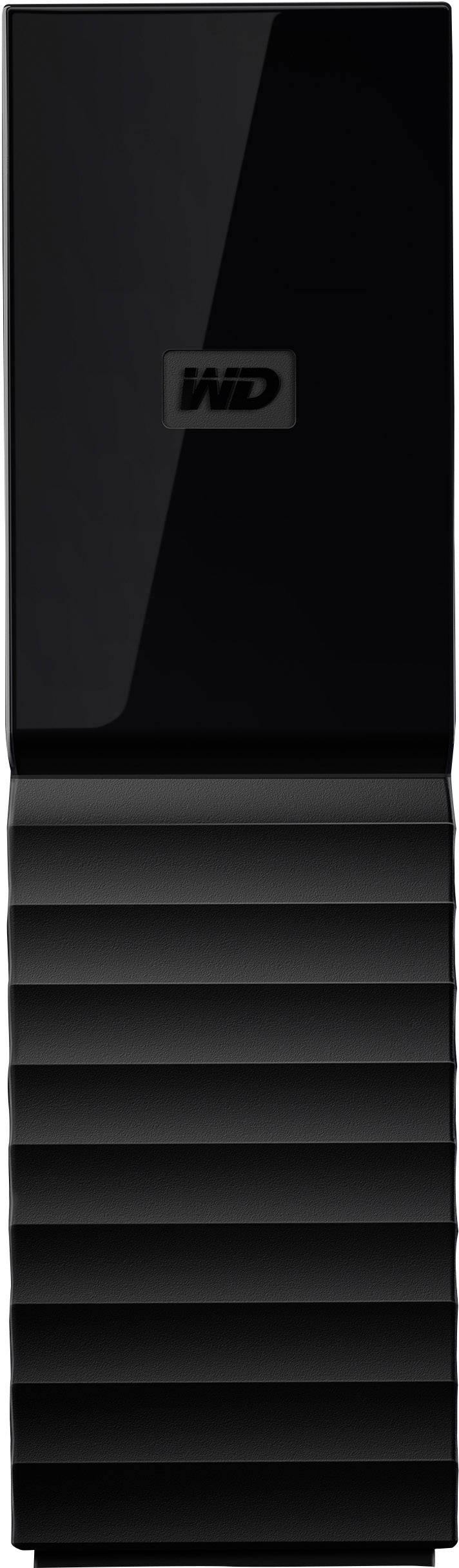 Externe schwarze Festplatte mit geriffeltem Design und silbernem Logo in der Mitte.