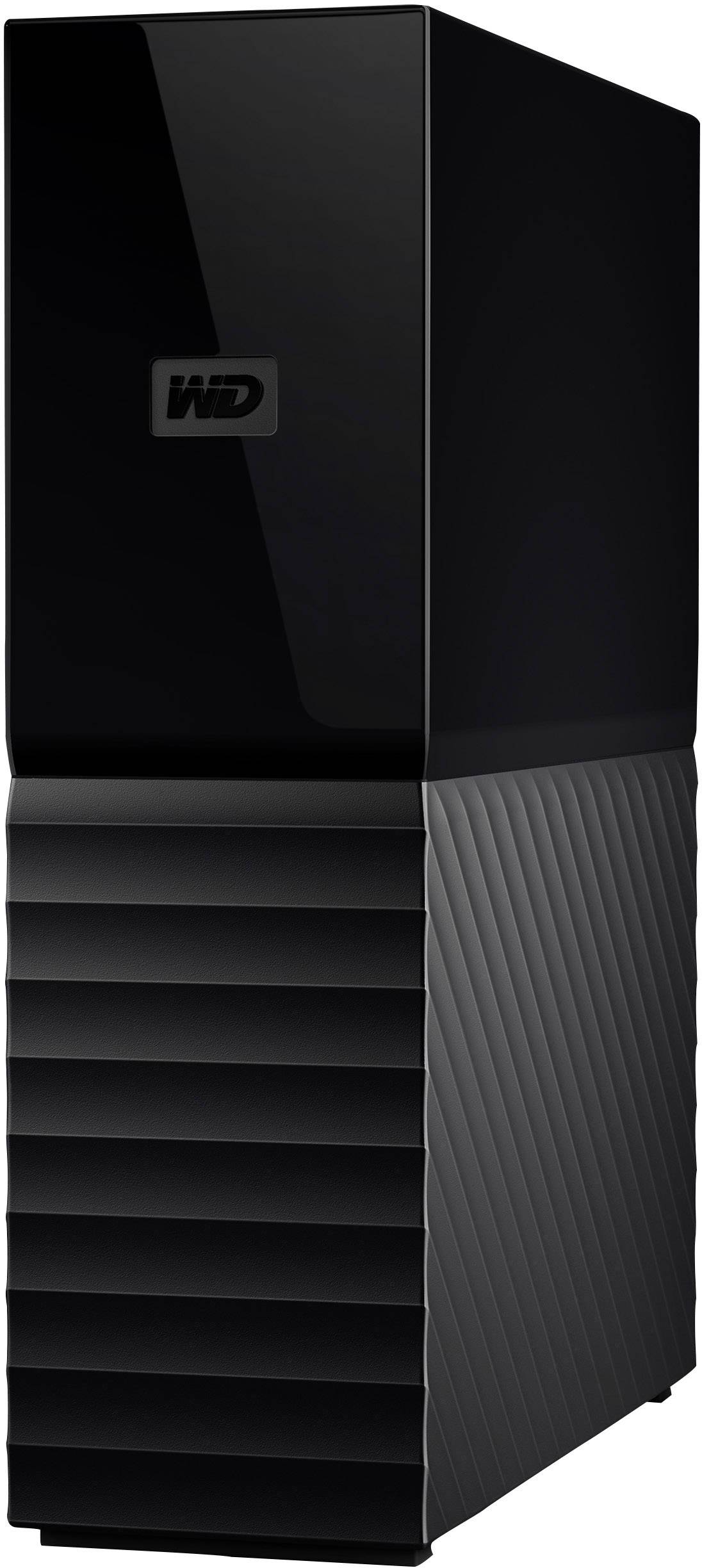 Externe Festplatte von Western Digital in Schwarz. Flaches, hochglänzendes Design mit geriffelter Textur auf der unteren Hälfte.