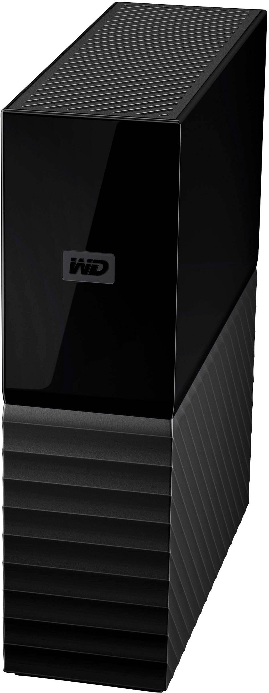 Externe Festplatte in schwarzem Gehäuse mit 'WD'-Logo, vertikal aufgestellt.