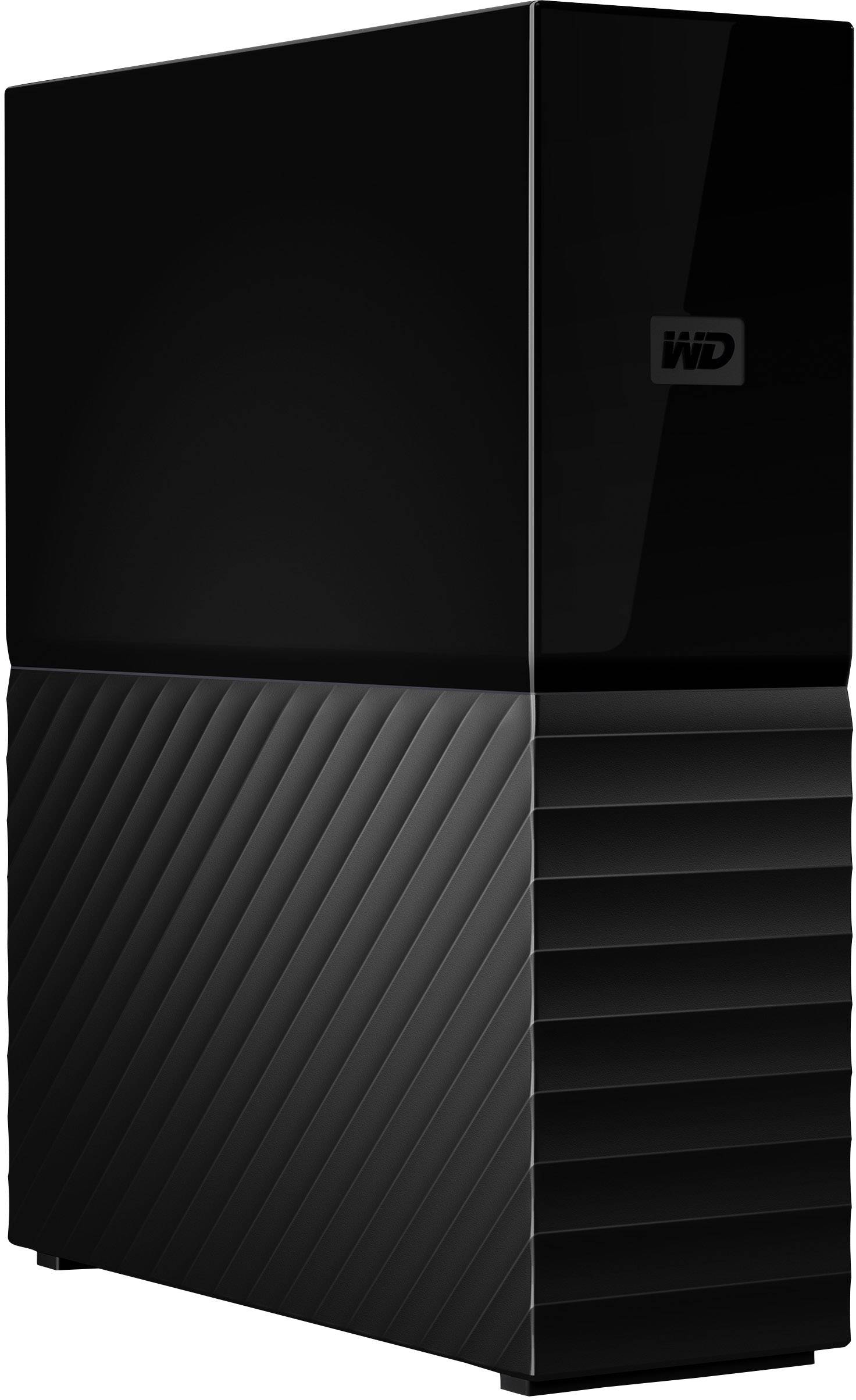 Externe Festplatte in schwarz mit glatter Oberfläche oben und geriffeltem Design unten, stehend aufrecht.