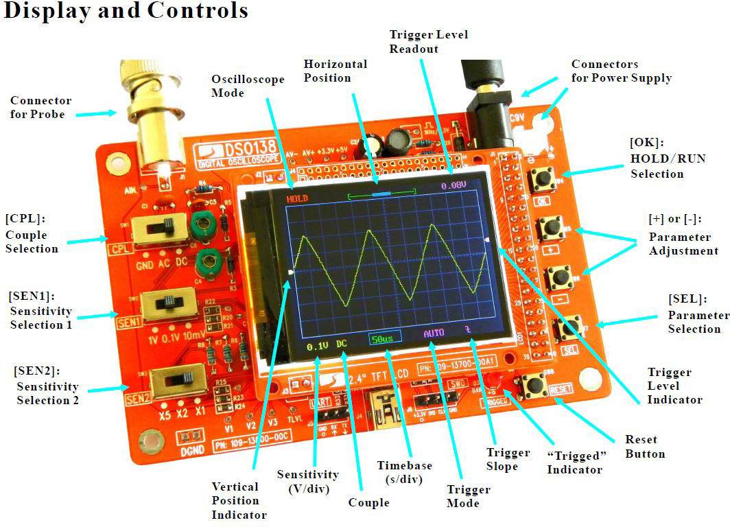 Joy-it DSO138 Digital-Oszilloskop 200kHz 1-Kanal 1 MSa/s 1 kpts 12 Bit Digital-Speicher (DSO) 1St.