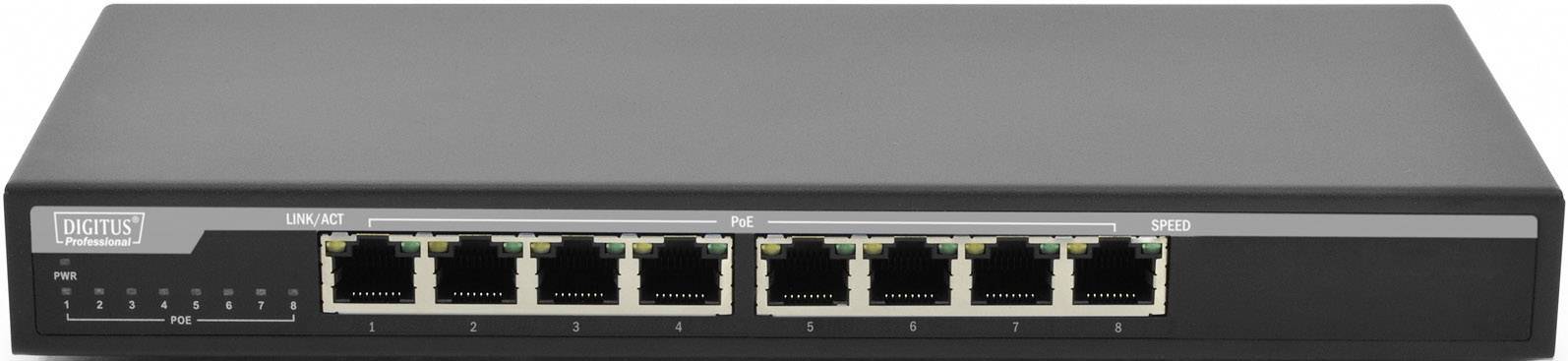 Ein schwarzer Netzwerk-Switch mit acht Ethernet-Ports, davon vier als 'PoE' (Power over Ethernet) gekennzeichnet.