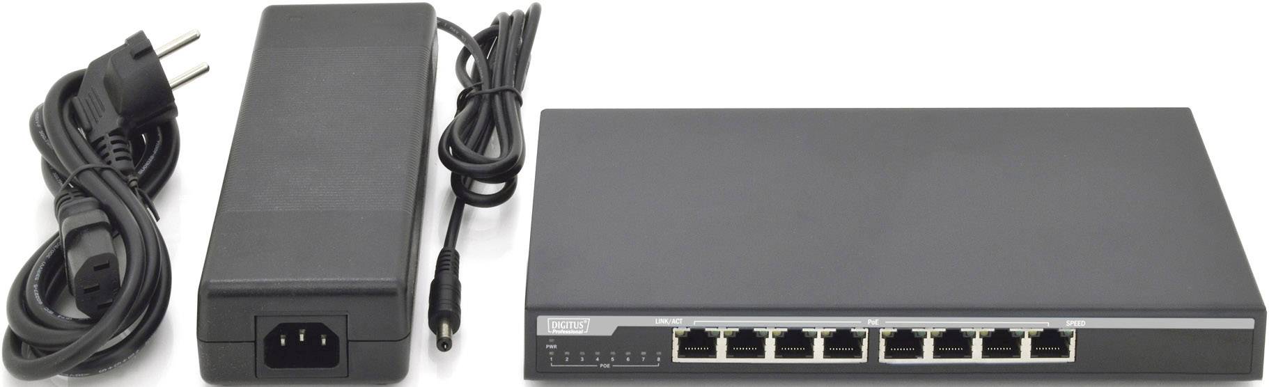 Ein schwarzer Ethernet-Switch mit acht Anschlüssen, daneben ein Netzadapter mit Kabel und ein Stromkabel.