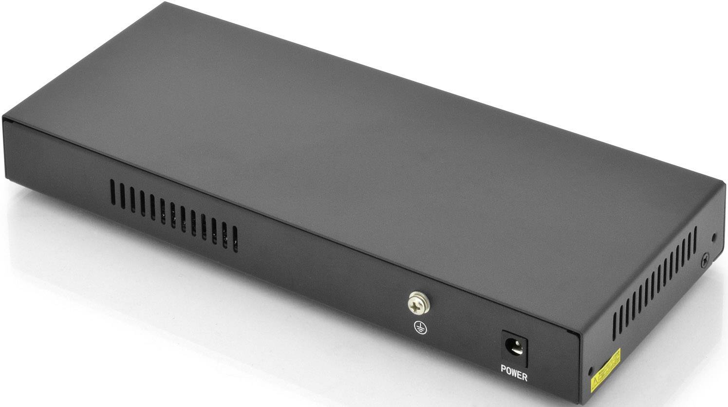 Ein rechteckiges, schwarzes elektronisches Gerät mit Stromanschluss und Lüftungsschlitzen.