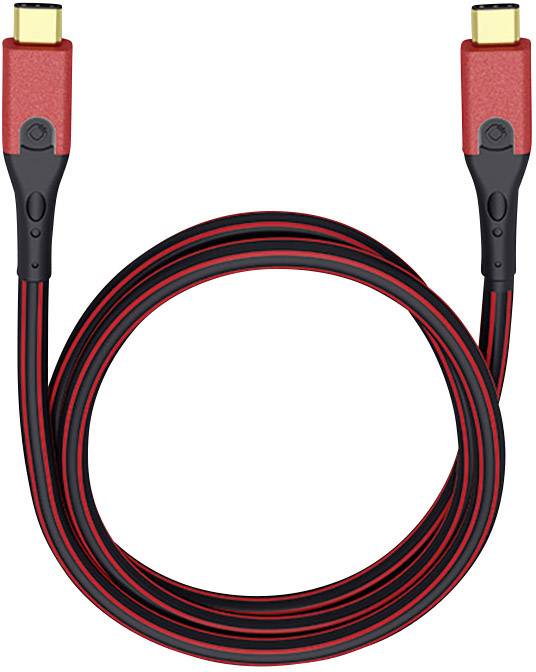 Ein rotes USB-Kabel mit schwarzen Akzenten und goldenen Steckern, spiralförmig gelegt.