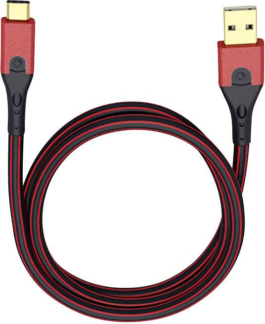 Ein rot-schwarzes USB-Kabel mit einem USB-C-Anschluss auf der einen Seite und einem USB-A-Anschluss auf der anderen Seite.