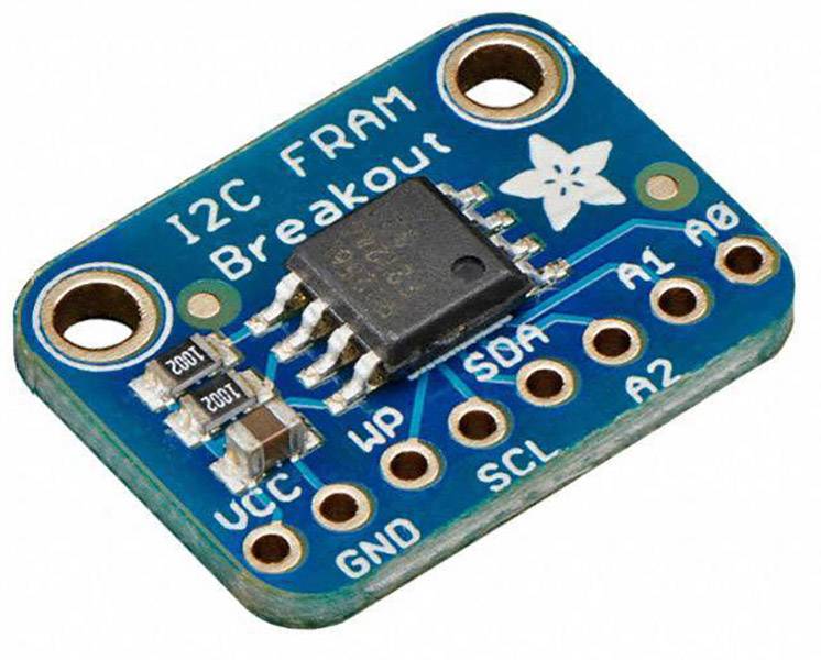 'I2C FRAM Breakout'-Platine mit Chip und mehreren Anschlusspins, geeignet für elektronische Projekte und für das Speichern von Daten.