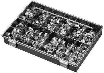 Eine offene Box mit mehreren Fächern, in denen zahlreiche metallische Schlauchschellen organisiert sind.