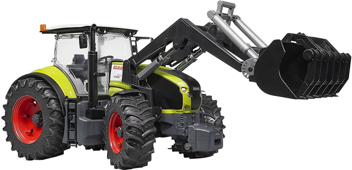 Grüner Traktor mit Frontlader in Arbeitsposition, rote Felgen.